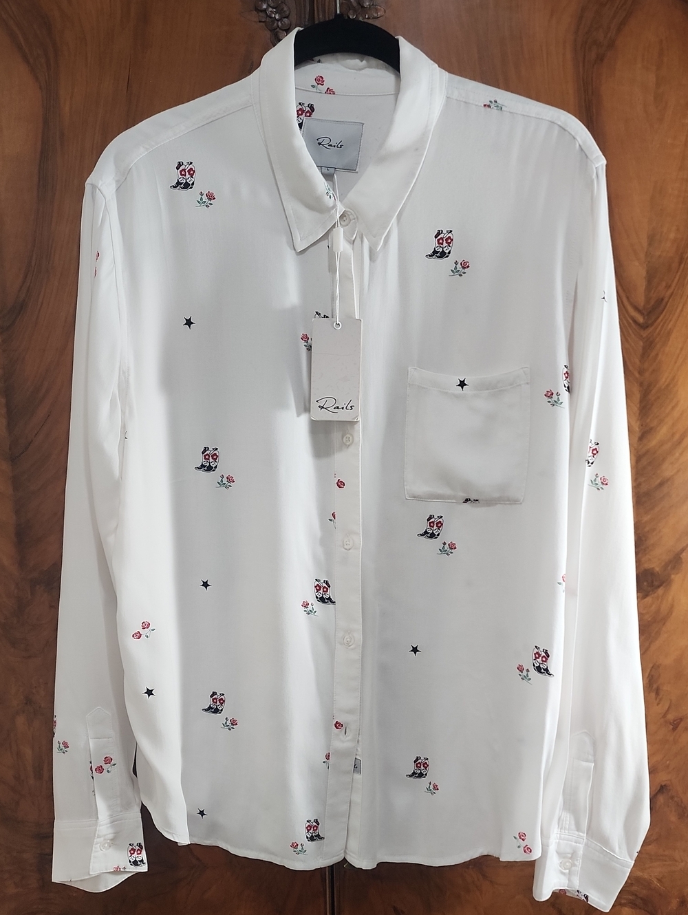 Rails White Long-Sleeve Button-Down Shirt with Tiny Owl & Floral Motif